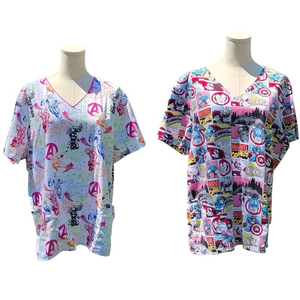 Set Of Two Marvel Avengers Medical Nursing Scrub Tops Womens Size XL
